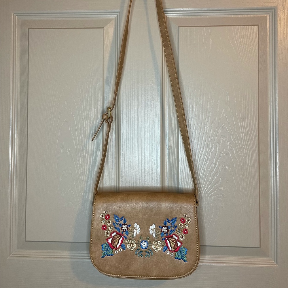 Tan Embroidered Adjustable Crossbody